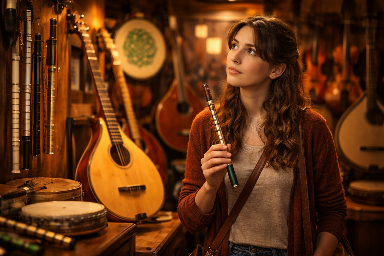 Student choosing an Irish traditional instrument in a music shop surrounded by tin whistles, bouzouki, bodhrán and fiddles